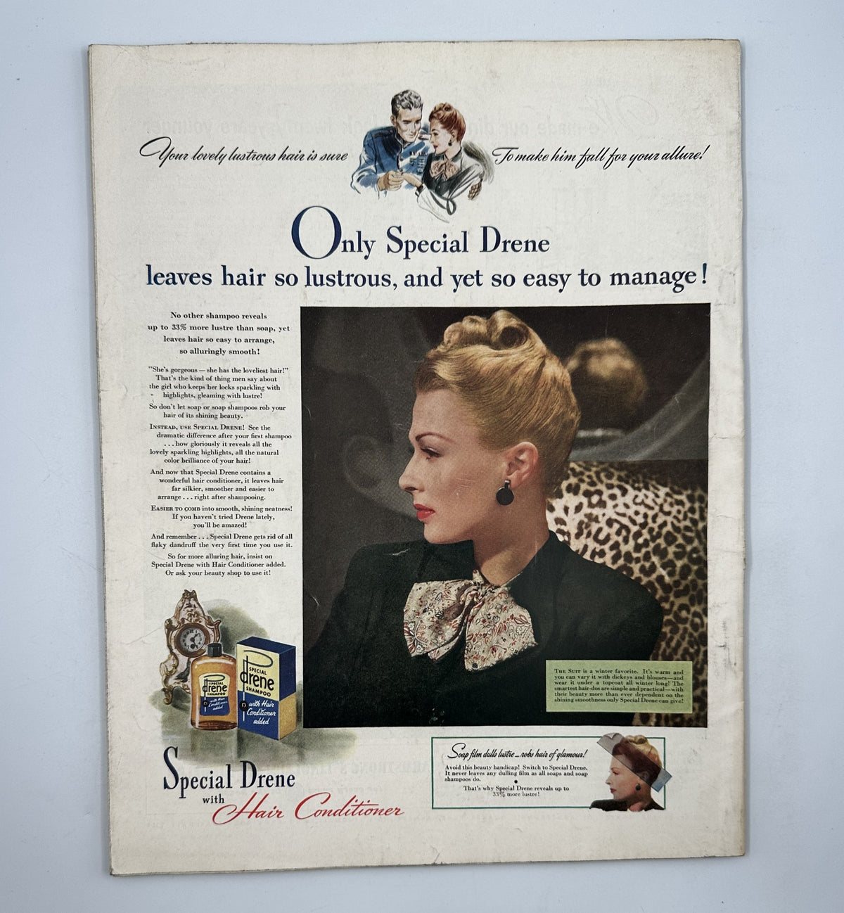 Ad for Special Drene Hair Conditioner featuring a glamorous woman from Woman’s Home Companion Magazine November 1943, highlighting how it leaves hair lustrous and easy to manage.