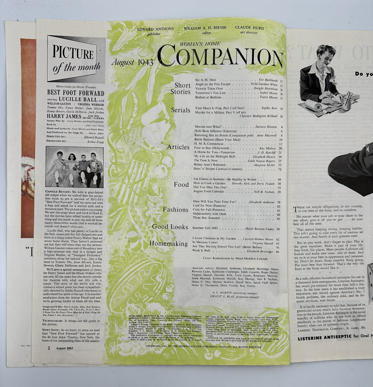 Table of Contents page from Woman's Home Companion Magazine, August 1943, detailing stories, articles, and features including 'Your Heart Is Free' by Sophie Kerr.