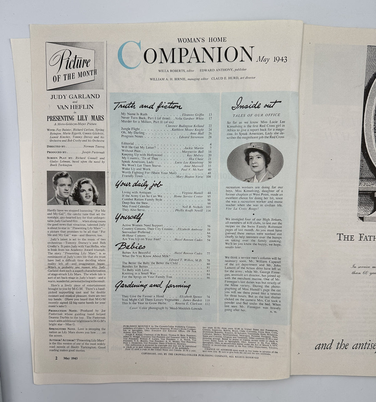 Interior page of Woman's Home Companion Magazine May 1943 showcasing the Table of Contents with sections titled 'Truth and Fiction' and 'Your Daily Job', alongside images of Judy Garland and Van Heflin.