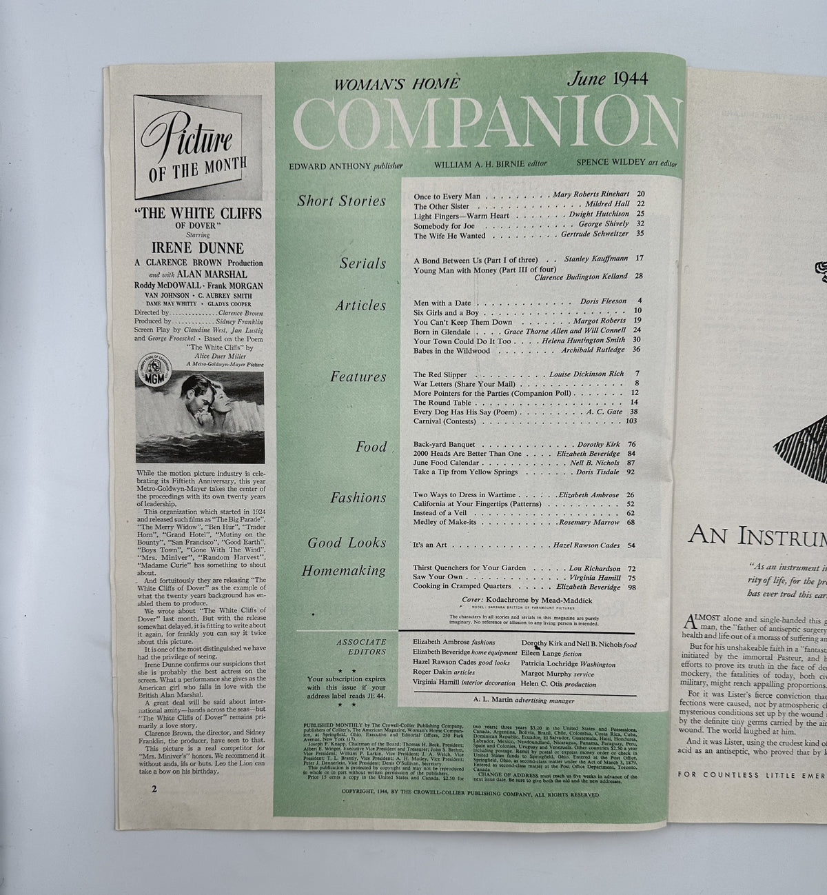 Page from Woman’s Home Companion Magazine June 1944 featuring Table of Contents including short stories, serials, articles, features, and food sections.