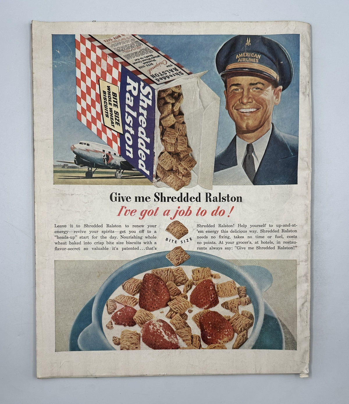 Advertisement in Woman’s Home Companion Magazine June 1944 promoting Shredded Ralston cereal with an image of a pilot and a bowl of cereal.