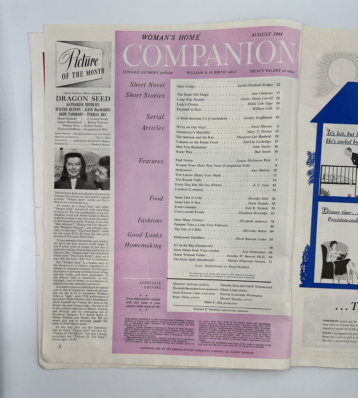 Inside page of Woman’s Home Companion Magazine from August 1944, displaying the Table of Contents, including the short novel 'Here Today' by Sarah-Elizabeth Rodger and various articles and features.