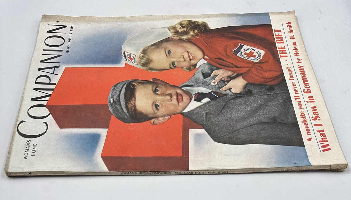 Alternate view of Woman’s Home Companion Magazine March 1945 showcasing the striking Red Cross cover, with children dressed in Red Cross uniforms, featuring 'The Rift' novelette and 'What I Saw in Germany' by Helena H. Smith.