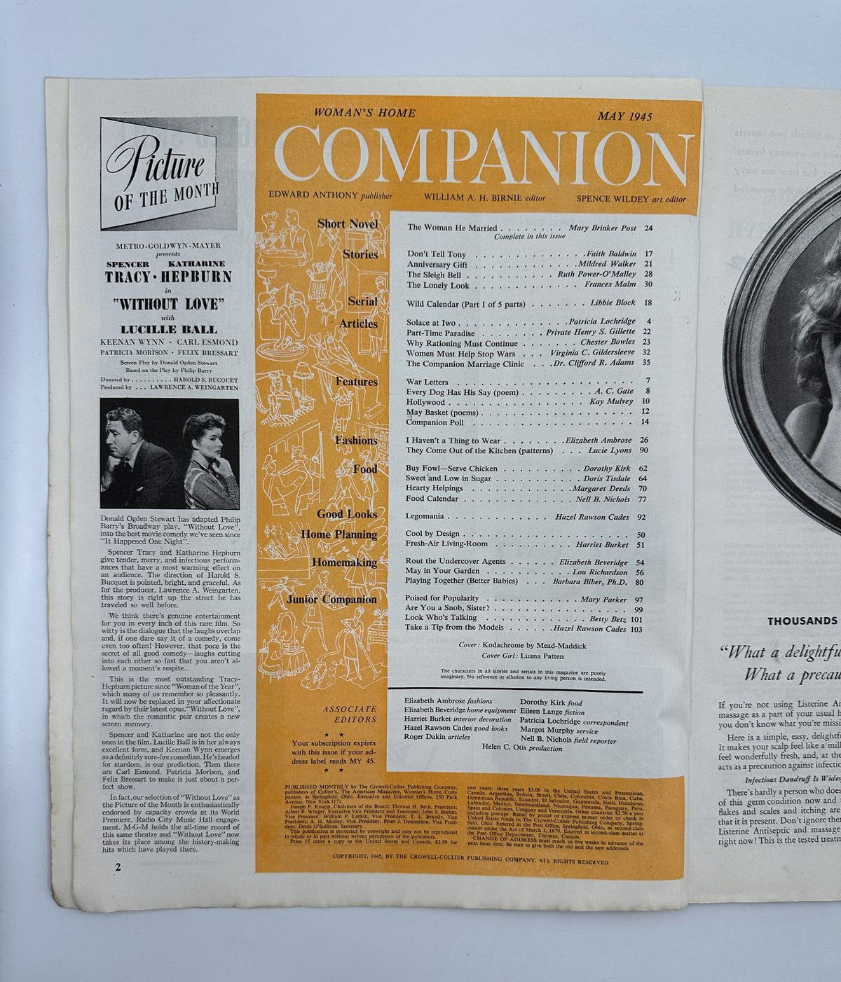 Woman's Home Companion Magazine May 1945 featuring the Table of Contents. Includes stories such as 'Don't Tell Tony' by Faith Baldwin and articles on homemaking and food. The cover showcases Luana Patten.