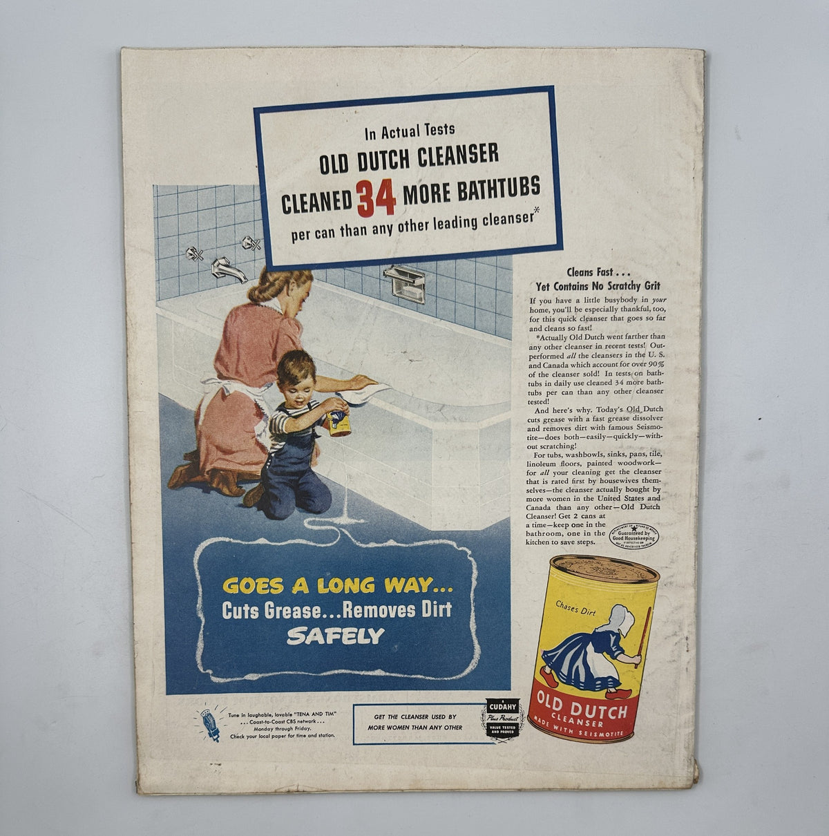 Advertisement for Old Dutch Cleanser in Woman's Home Companion Magazine May 1945. Highlights its effectiveness in cleaning bathtubs and features a child playing near a spotless bathtub.