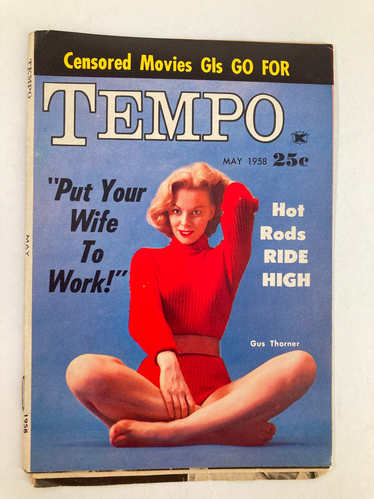 Cover of VTG Tempo Magazine May 1958 featuring a model in a red outfit, promoting hot rods and automotive culture, with Gus Thorner's name highlighted.