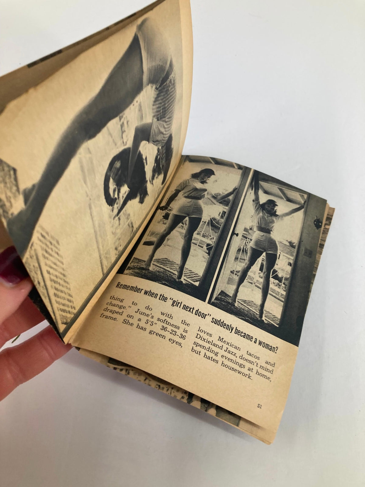 Inside view of VTG Carnival Magazine August 1950s displaying pages with black and white photographs of a woman in revealing attire, reflecting the era's style and articles.