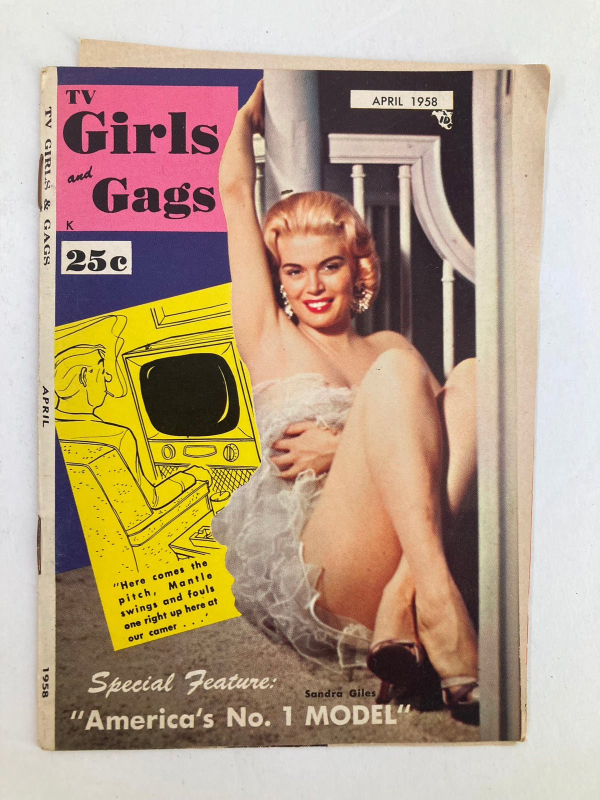 VTG TV Girls and Gags Magazine April 1958 cover featuring Sandra Giles, America's No. 1 Model, showcasing vibrant colors and 1950s pop culture design.