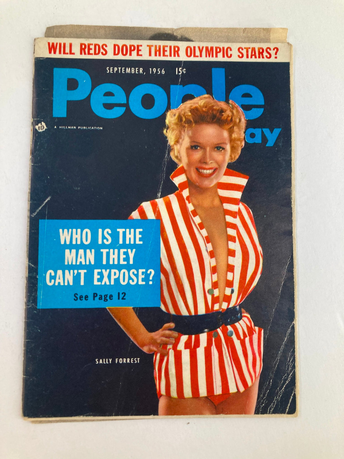Cover of VTG People Today Magazine September 1956 featuring Sally Forrest in a striped outfit, showcasing vintage fashion and culture.