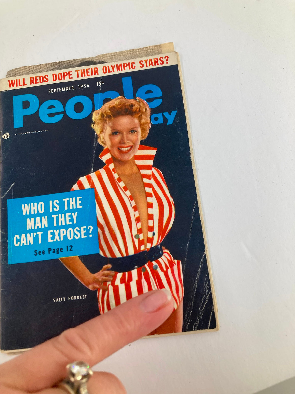 Close-up of the VTG People Today Magazine September 1956 cover with Sally Forrest, highlighting vintage style and magazine details.