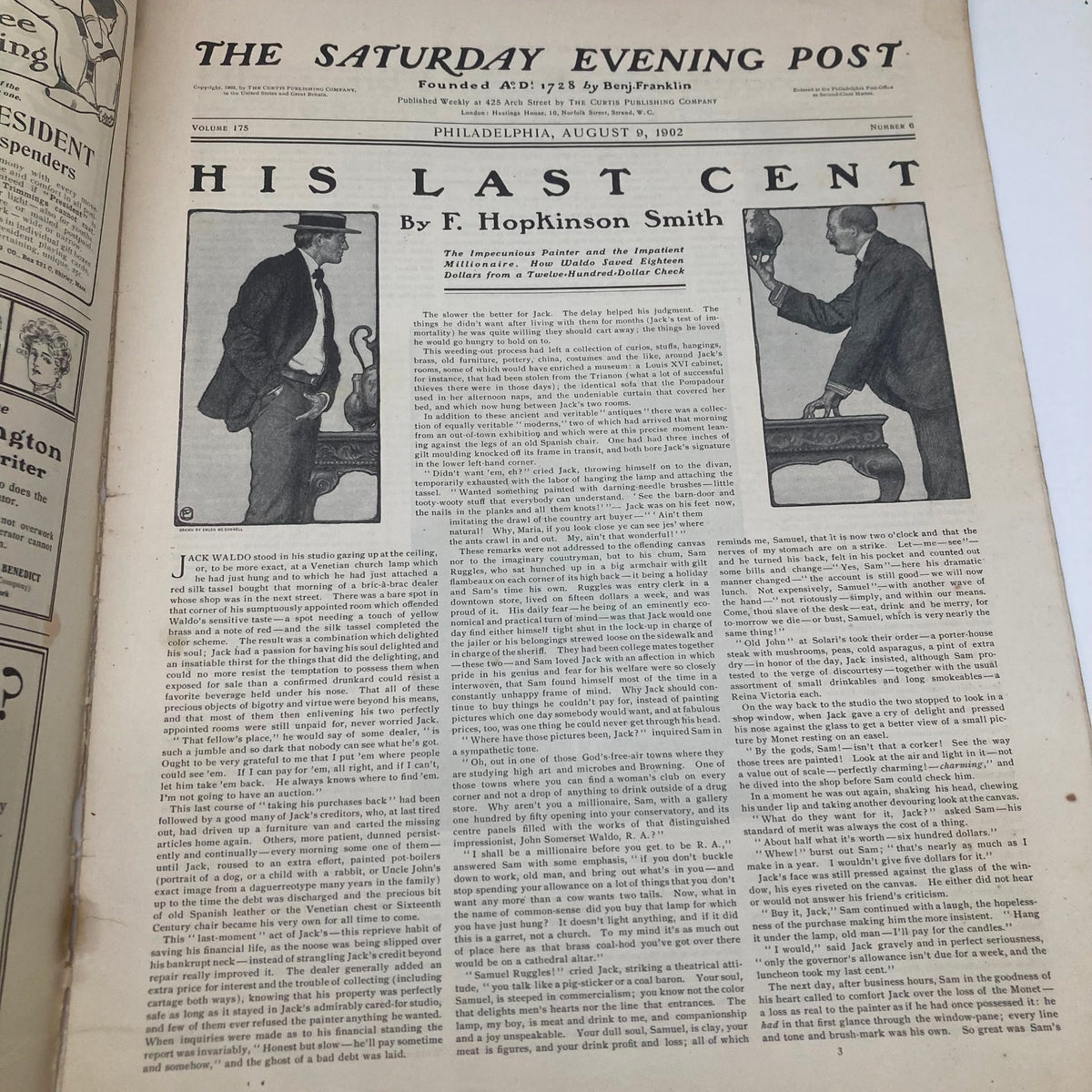 Interior page of Saturday Evening Post Magazine August 9 1902 titled 'His Last Cent' by F. Hopkinson Smith, featuring illustrations and text.