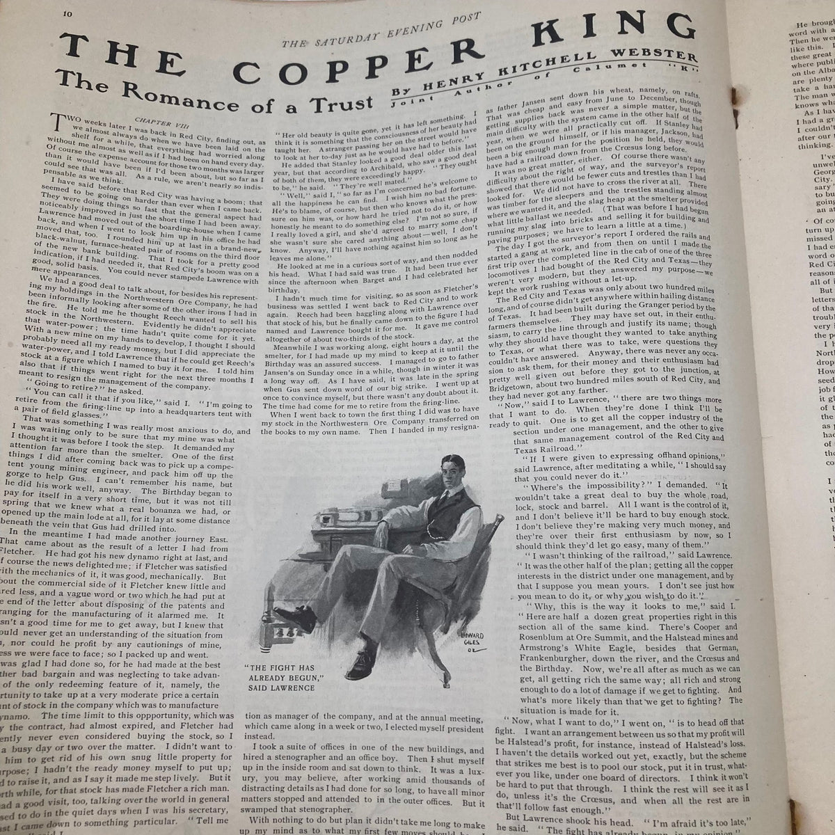 Interior page titled 'The Copper King: The Romance of a Trust' from the Saturday Evening Post Magazine August 9 1902, with an accompanying portrait illustration.