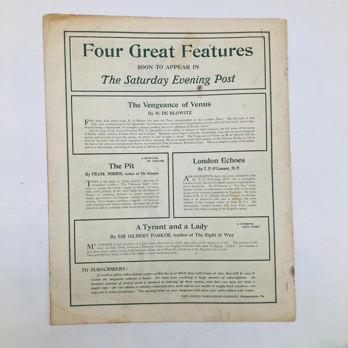 Illustrated cover of Saturday Evening Post Magazine from August 9, 1902, featuring an announcement of four great features including 'The Vengeance of Venus' and 'A Tyrant and a Lady', showcasing vintage magazine art and text.