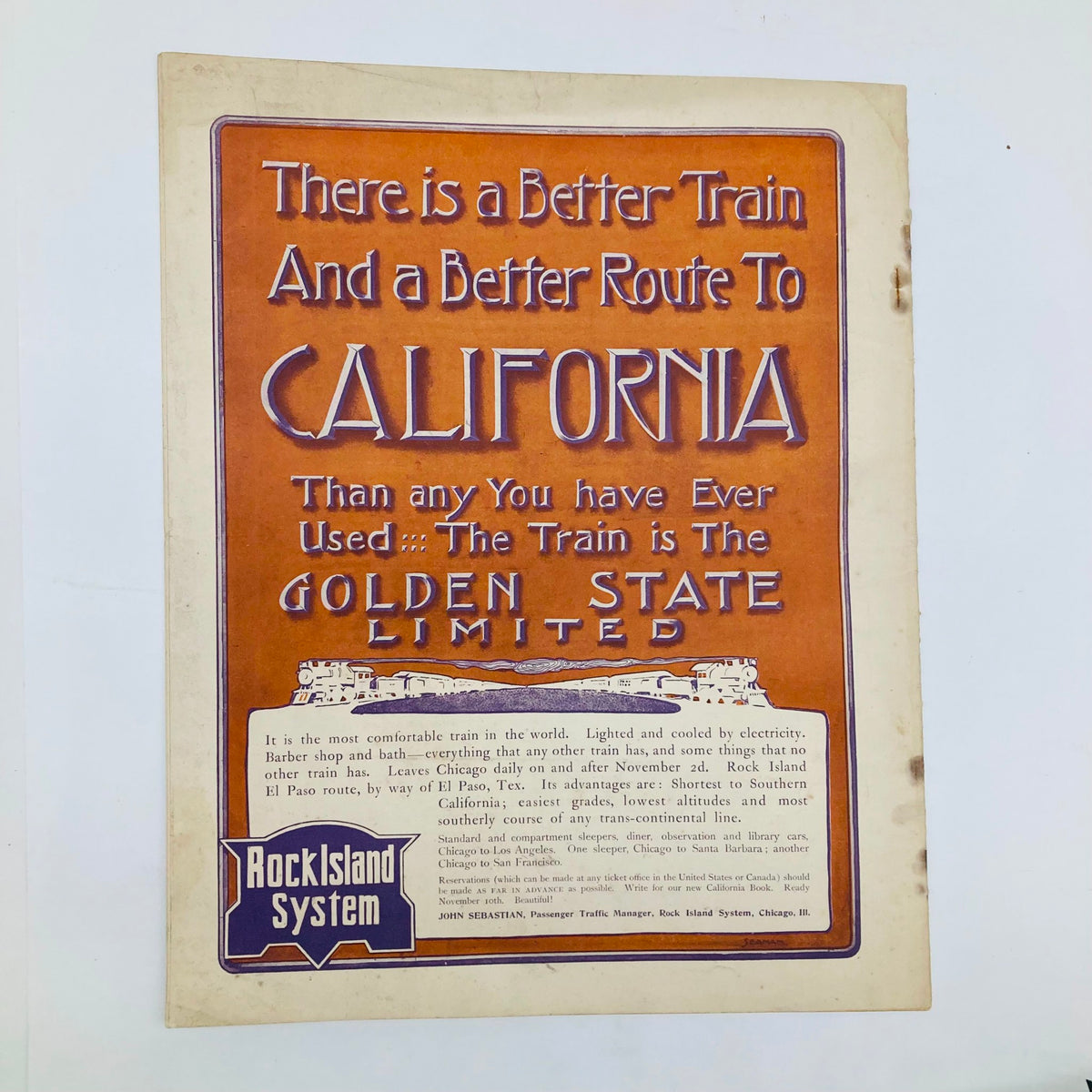 Advertisement page from The Saturday Evening Post magazine, showcasing a travel offer to California by the Rock Island System, capturing historical travel promotion.