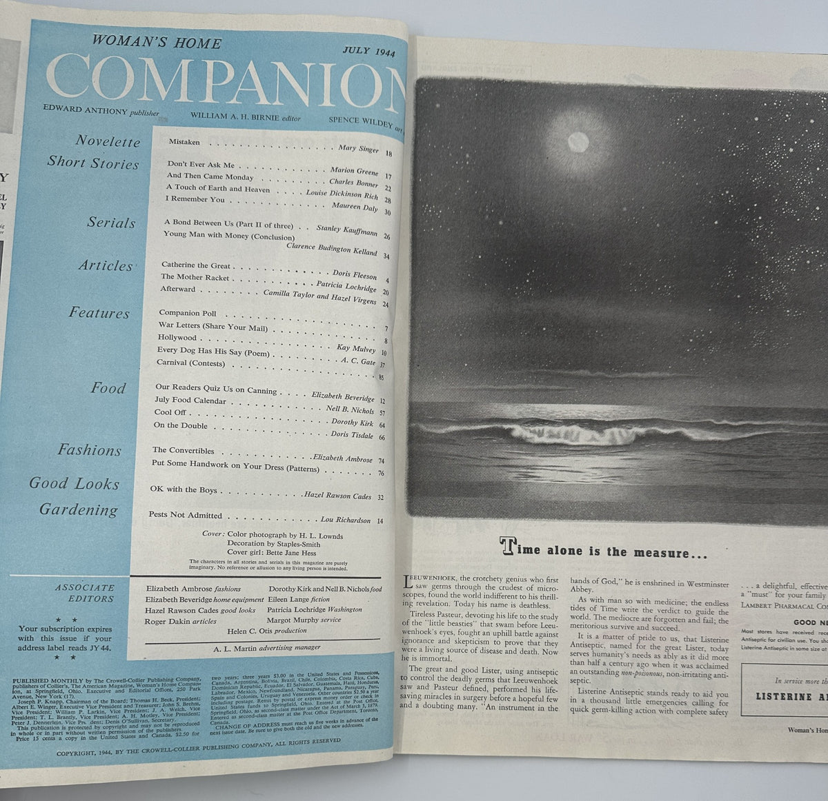 Inside pages of Woman’s Home Companion Magazine July 1944, displaying the table of contents with sections on novelettes, short stories, and articles.