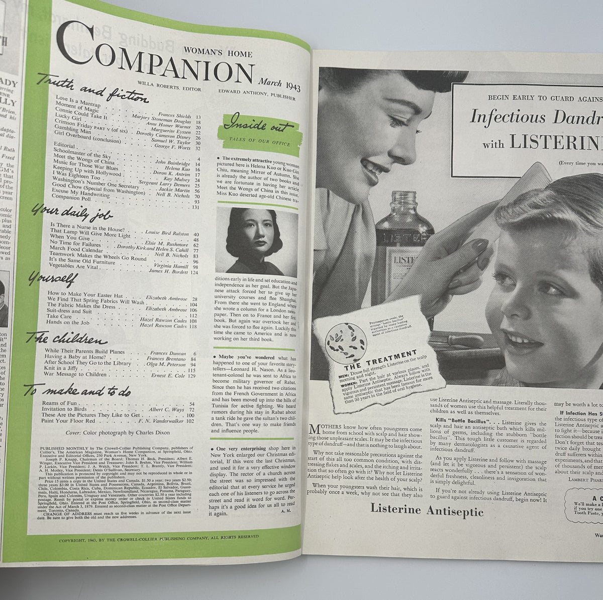 Inside spread of Woman's Home Companion Magazine March 1943 featuring articles 'Truth and Fiction', 'Your daily job', and 'The children', along with advertisements and visuals that capture the vintage aesthetic of the era.