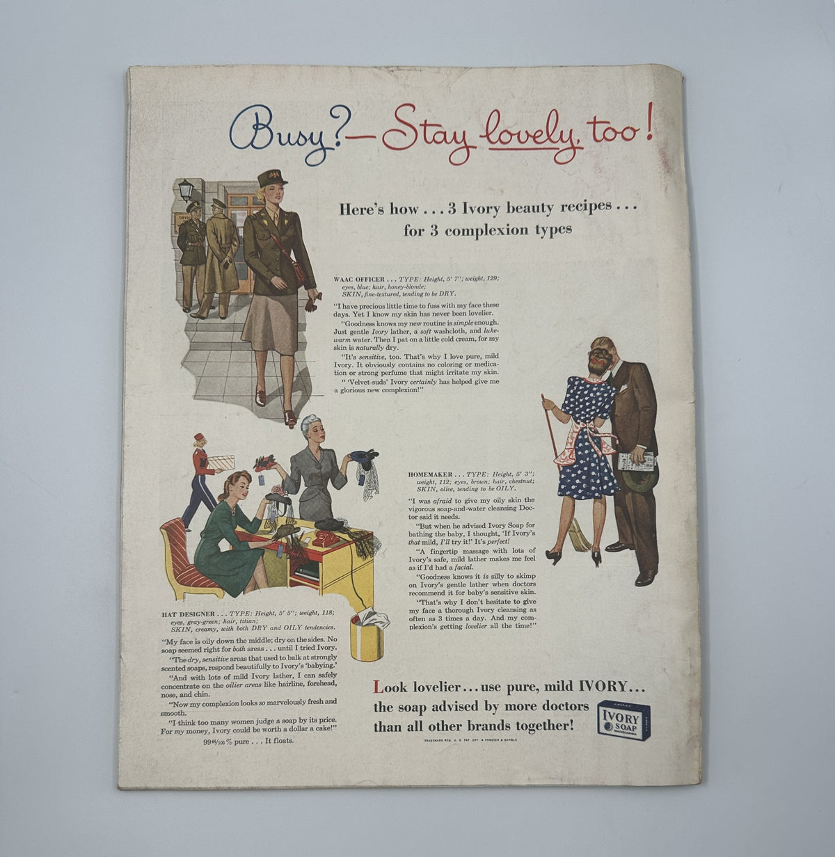 Back cover of Woman's Home Companion Magazine March 1943 showcasing an advertisement with the slogan 'Busy? Stay lovely too!' and illustrations related to beauty recipes, highlighting the magazine's focus on beauty and lifestyle for women.