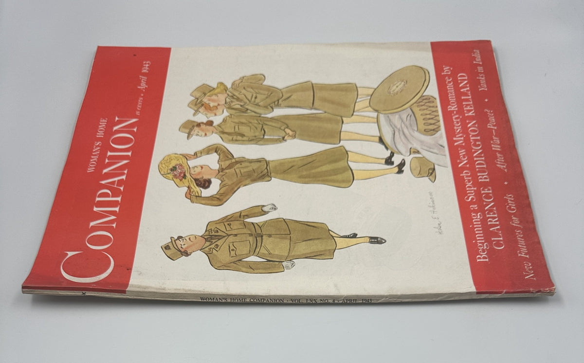 Side view of Woman’s Home Companion Magazine April 1943 showcasing its vibrant cover illustration and highlighting the featured novel by Clarence Budington Kelland.