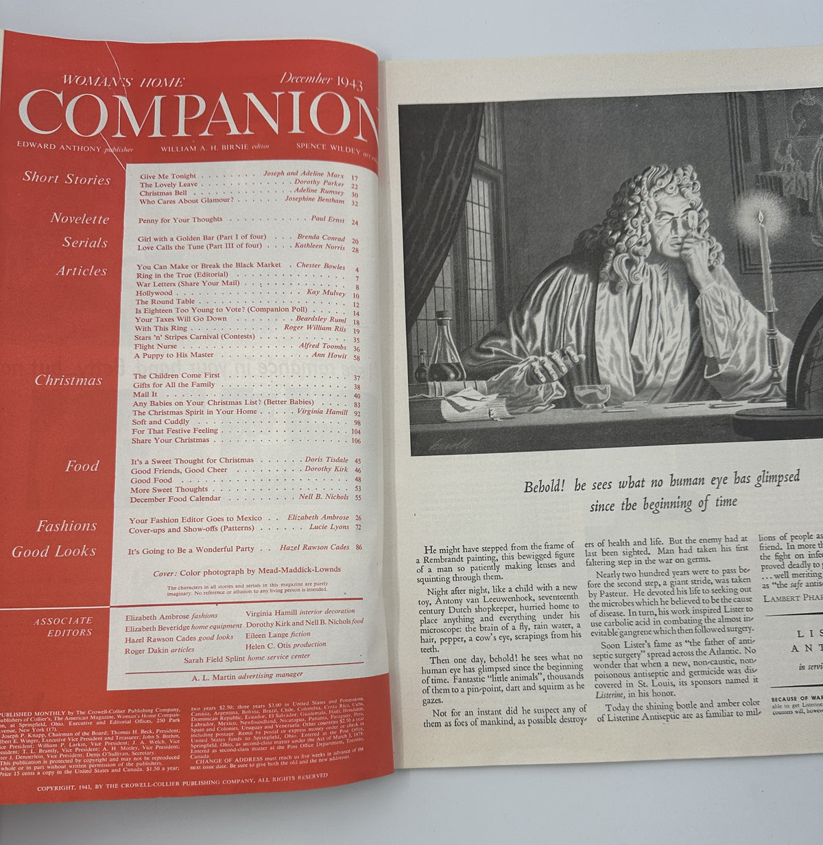 Inside spread of Woman’s Home Companion Magazine December 1943 showing the table of contents, featuring articles, short stories, and Christmas-related content.