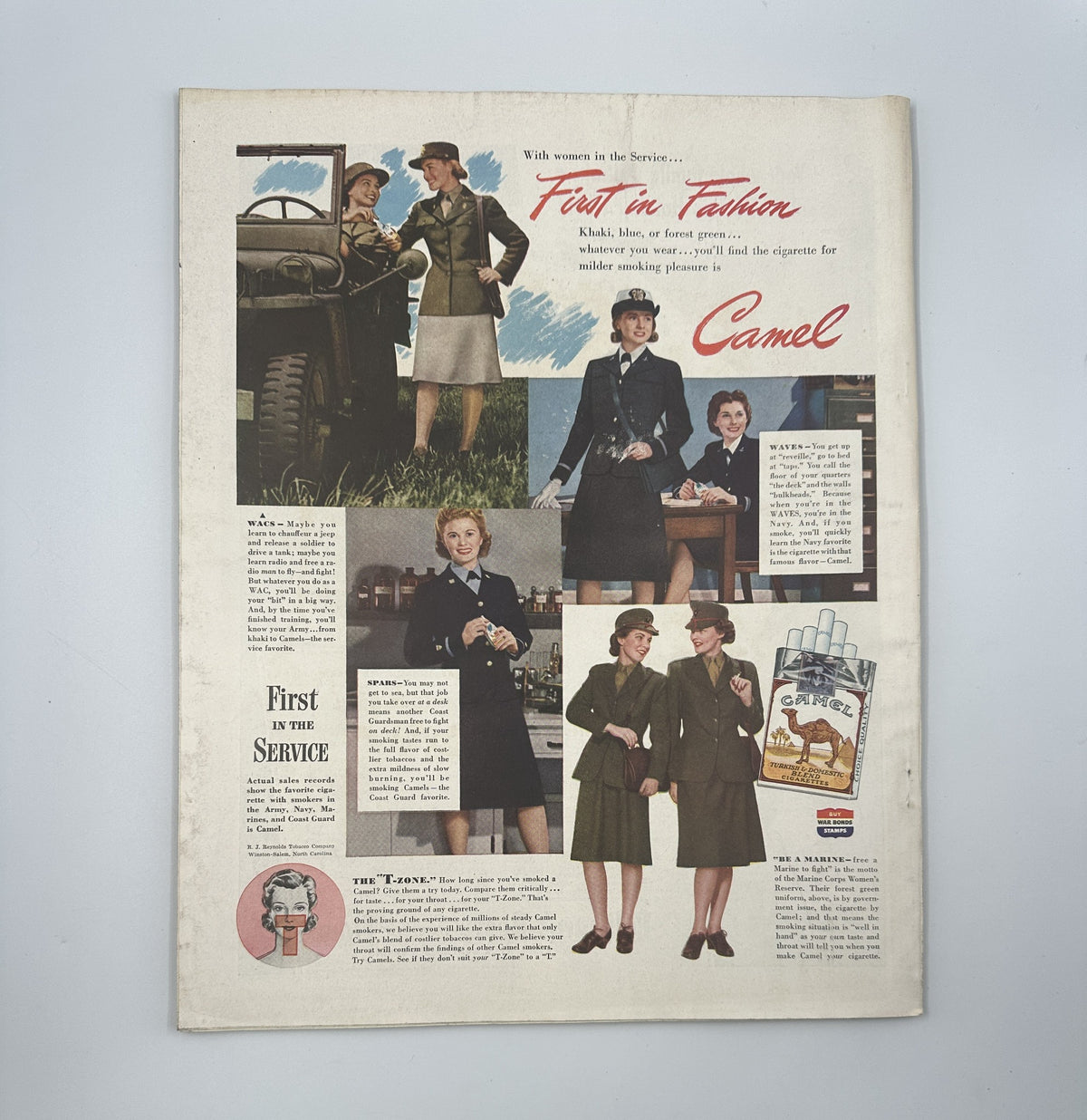 Back cover of Woman’s Home Companion Magazine December 1943, advertising wartime fashion for women in service, emphasizing vintage clothing styles.