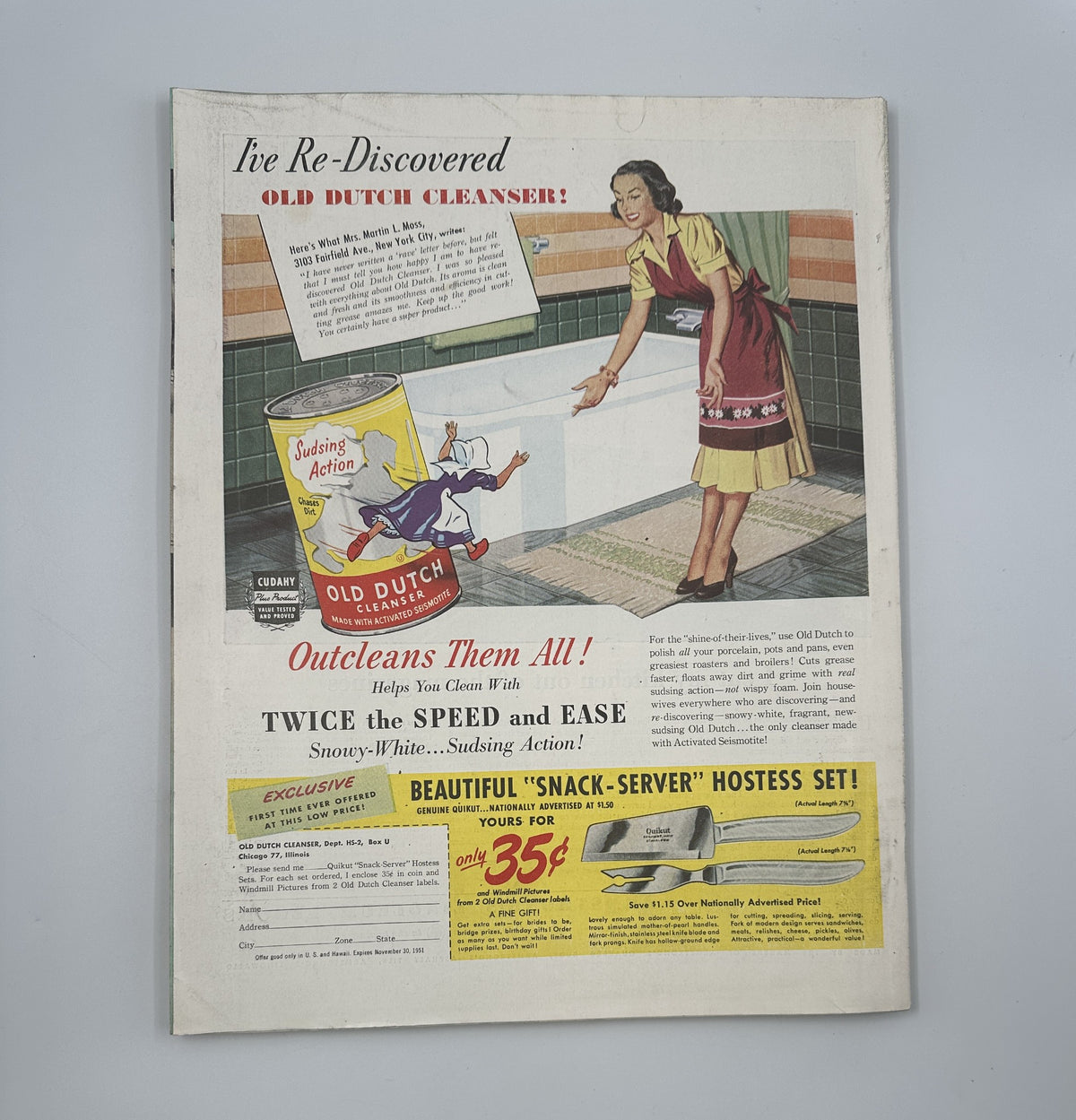 Advertisement from the back cover of Woman’s Home Companion Magazine October 1951 for Old Dutch Cleanser, featuring a woman cleaning a bathtub and emphasizing the product's effectiveness.