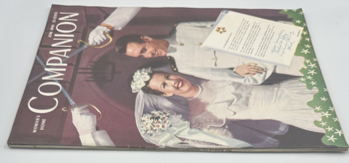 Side view of Woman’s Home Companion Magazine June 1945, displaying a beautiful wedding cover with a bride and groom. The magazine features light edge wear and is perfect for those interested in historical publications.
