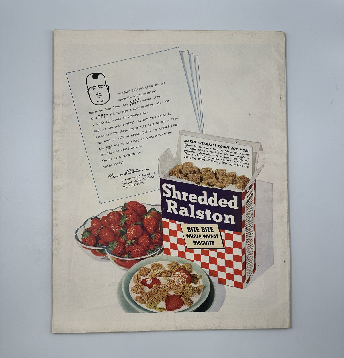 Back cover of the Woman’s Home Companion Magazine June 1945 showcasing Shredded Ralston cereal advertisement alongside a letter and a bowl of strawberries.