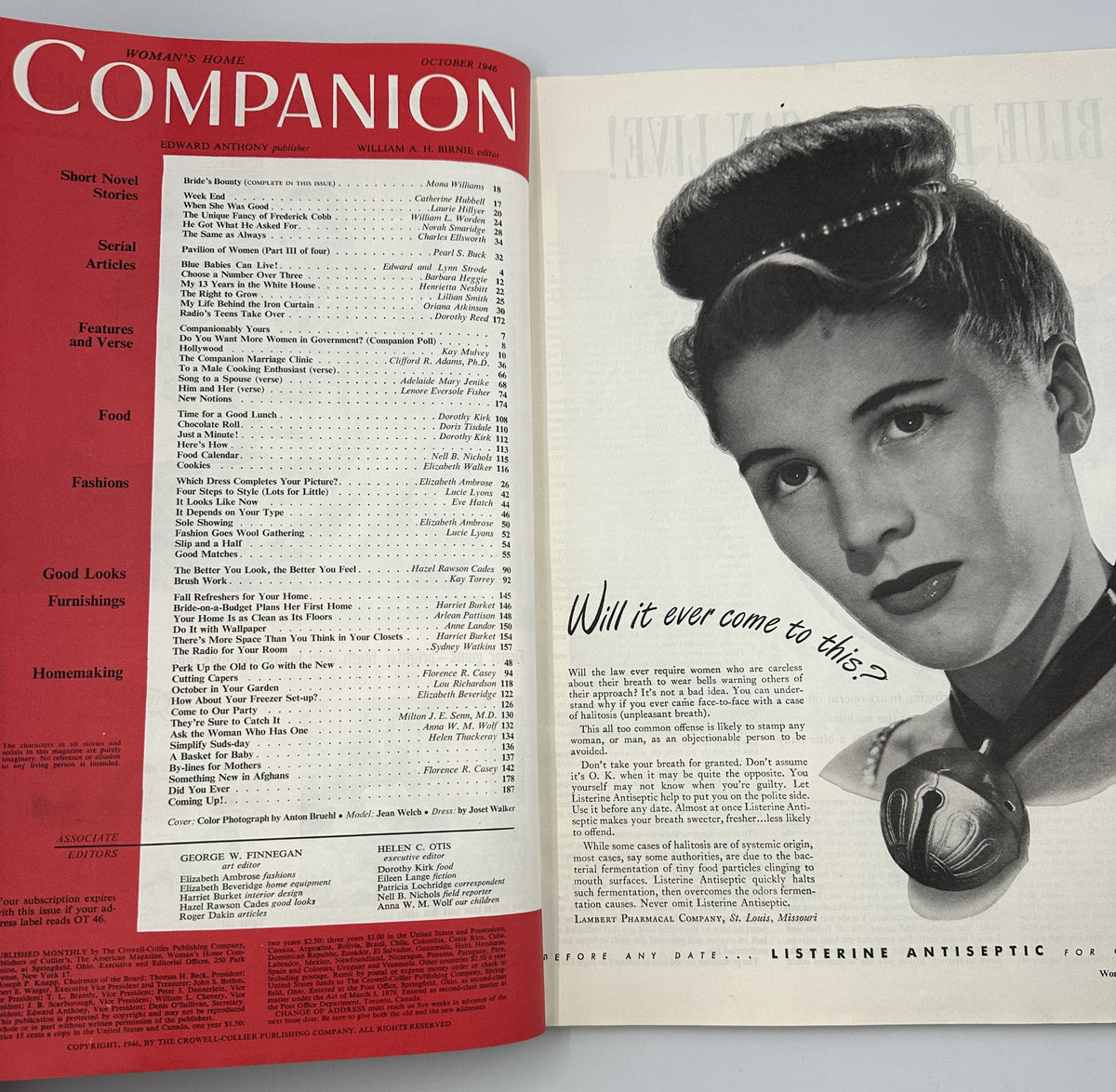 Inside pages of Woman's Home Companion Magazine from October 1946 displaying the Table of Contents. The spread includes a photograph of a woman with an elegant hairstyle and the caption asking, 'Will it ever come to this?'.