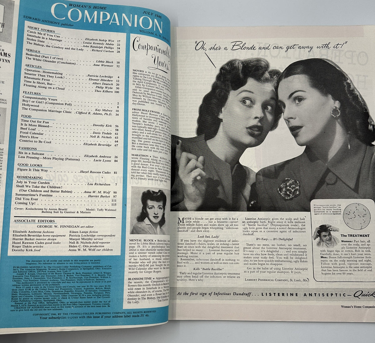 Interior page of Woman's Home Companion Magazine July 1946 displaying articles including content about 'Companionably Yours' featuring two women talking, emphasizing vintage fashion and lifestyle.