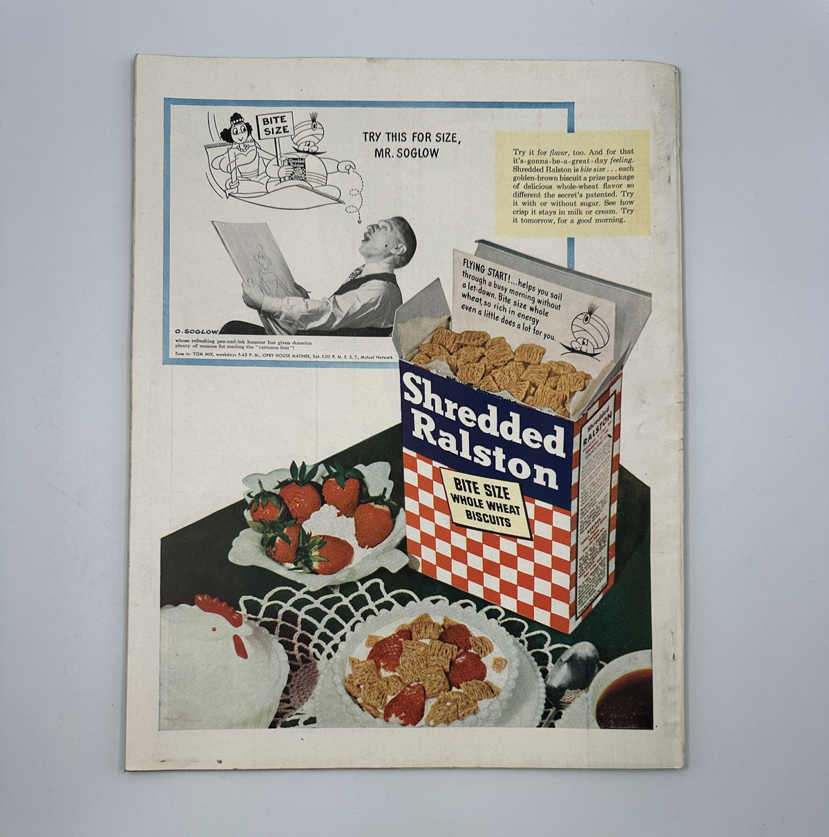 Back cover of Woman's Home Companion Magazine June 1946 advertising Shredded Ralston cereal with an illustration of a man reading, promoting bite-sized breakfast.