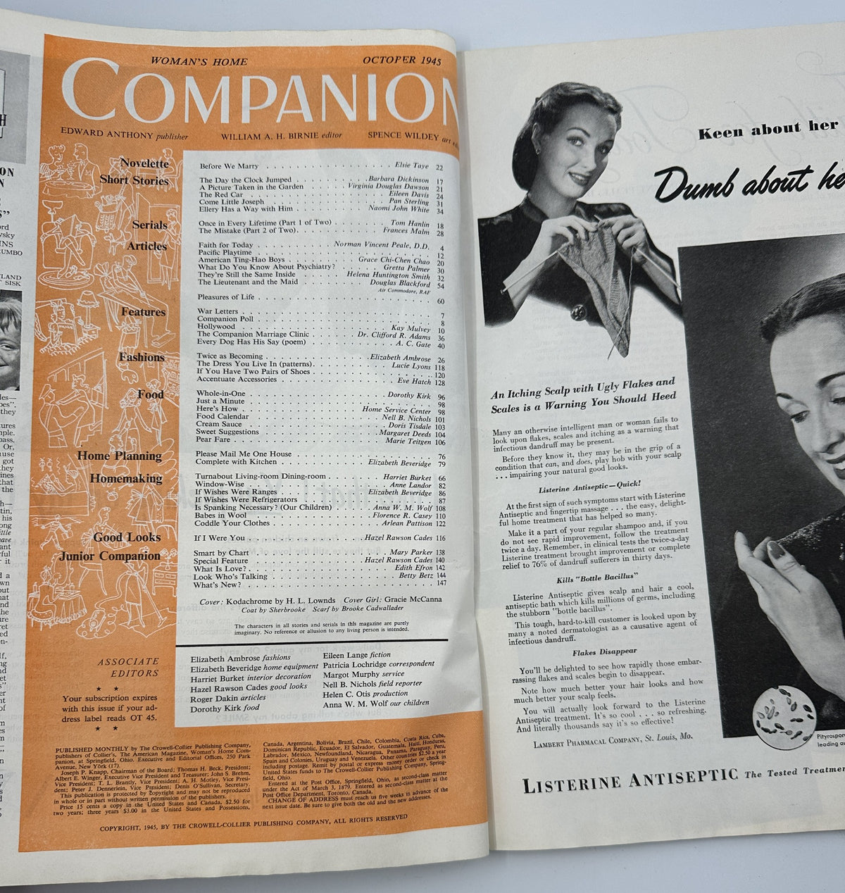 Inside spread of Woman's Home Companion Magazine, October 1945, displaying the Table of Contents with various articles and illustrations related to homemaking and relationships.