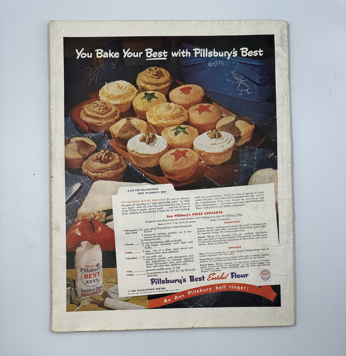 Back cover of Woman's Home Companion Magazine, October 1945, featuring a colorful advertisement for Pillsbury's Best with baked goods.