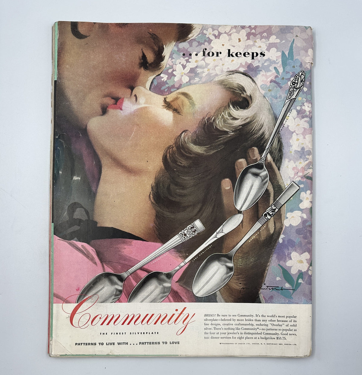 Back cover of Woman’s Home Companion Magazine April 1951 showing an illustration of a romantic couple, capturing the nostalgic design of mid-century magazines.