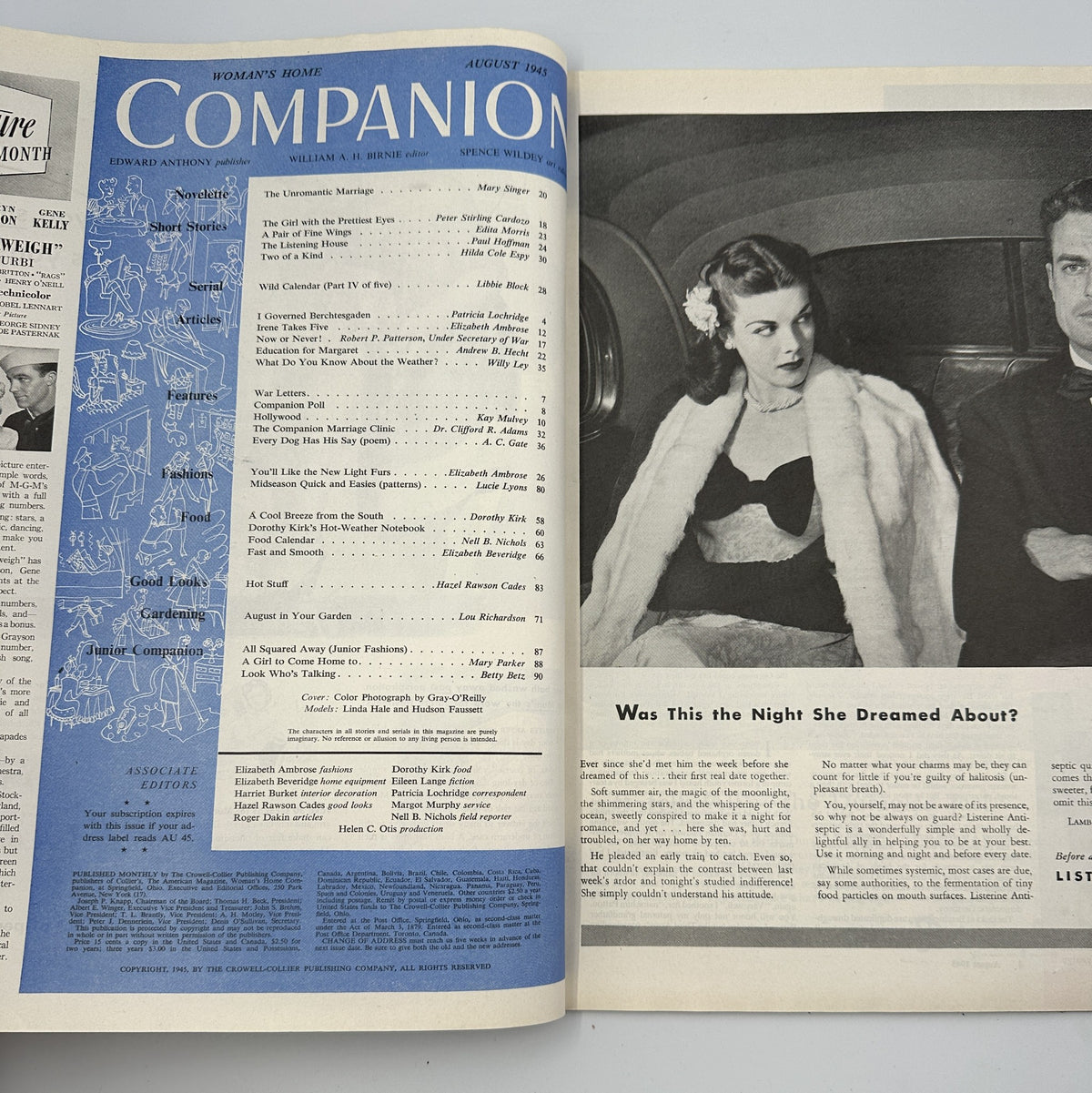 Interior page of the Woman's Home Companion Magazine August 1945 displaying the Table of Contents with features including 'The Unromantic Marriage' novella.