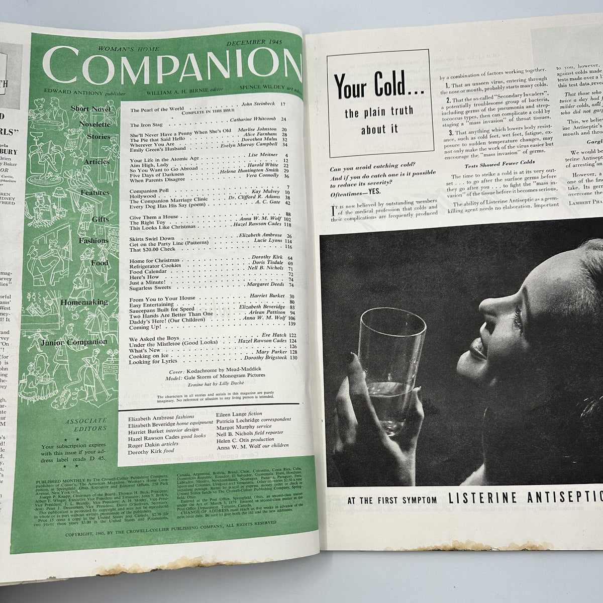 Inside spread of Woman’s Home Companion Magazine December 1945, displaying the Table of Contents including the short novel 'The Pearl of the World' by John Steinbeck.
