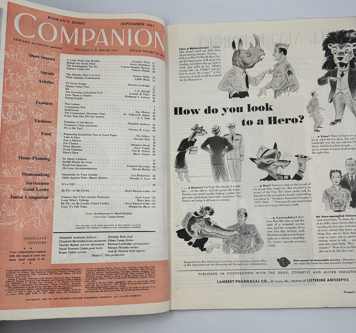 Inside view of Woman’s Home Companion Magazine September 1945, featuring a Table of Contents and advertisements, showcasing the cultural imagery and design of the era.