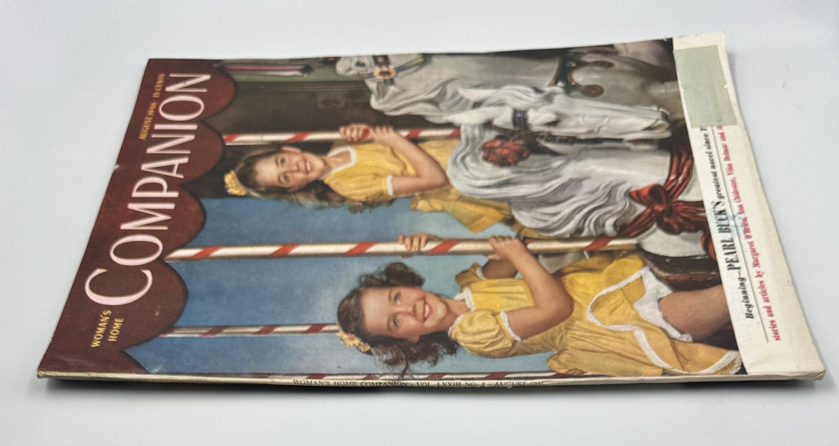 Another view of the August 1946 Woman’s Home Companion Magazine cover showcasing two children enjoying a carousel ride, highlighting the Pearl Buck Pavilion of Women.