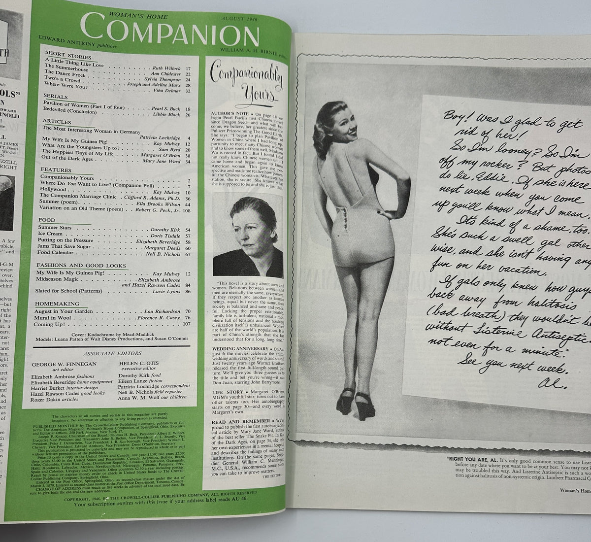Inside spread of the August 1946 Woman’s Home Companion Magazine, featuring the Table of Contents and a vintage advertisement, celebrating Pearl Buck and including stories by various authors.