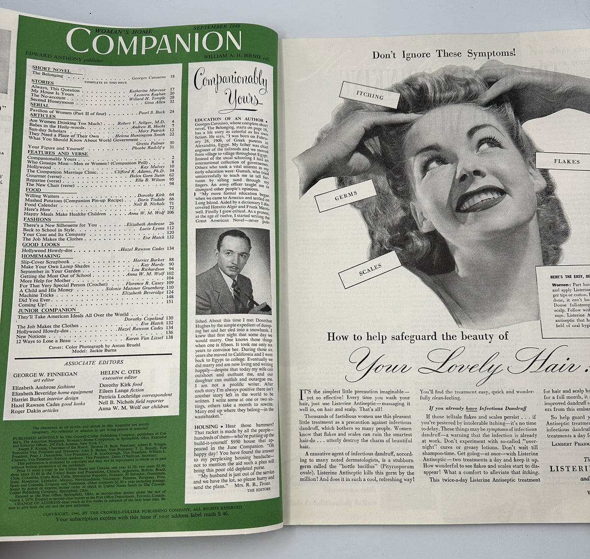 Interior page of Woman’s Home Companion Magazine September 1946 displaying the table of contents, including stories and articles relevant to women during the 1940s.