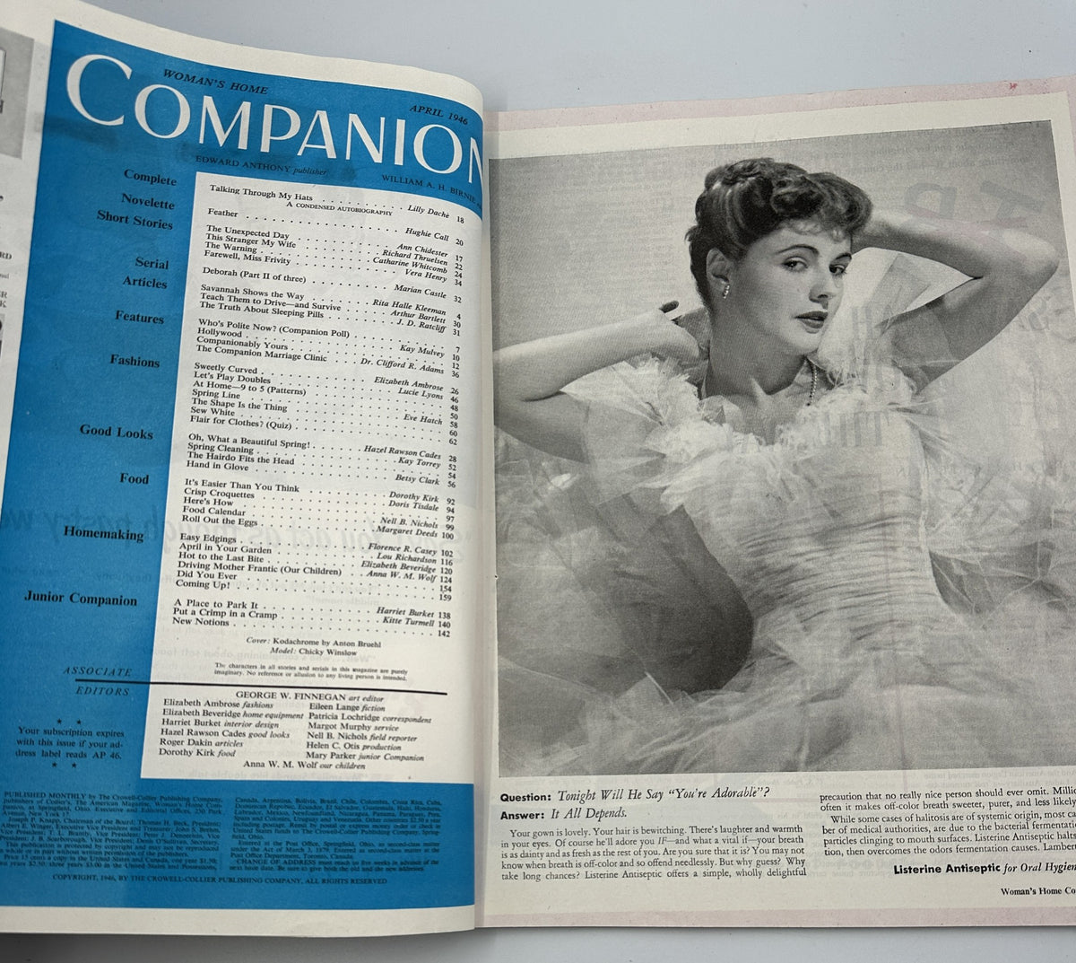 Interior page of Woman’s Home Companion Magazine April 1946 showcasing the table of contents and an elegant model in a ruffled dress.