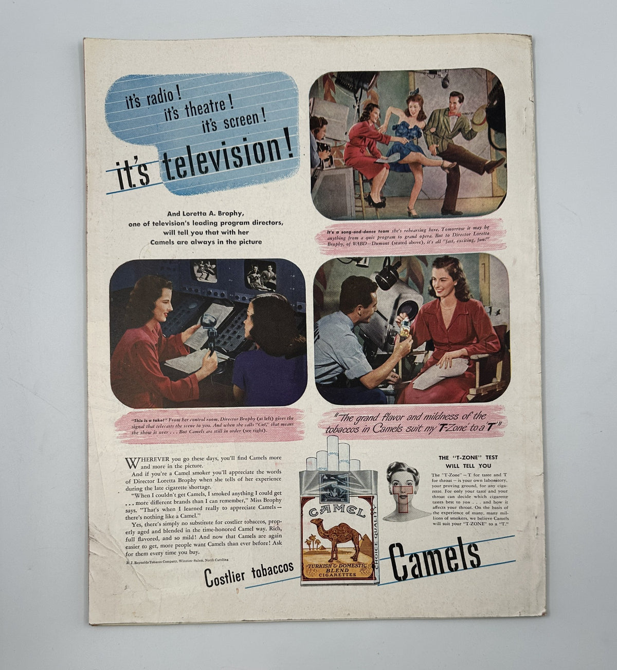 Promotional advertisement from Woman's Home Companion Magazine January 1946 titled 'Don’t Take It Out on Women', showcasing various scenes related to television and entertainment with a focus on Camel cigarettes.