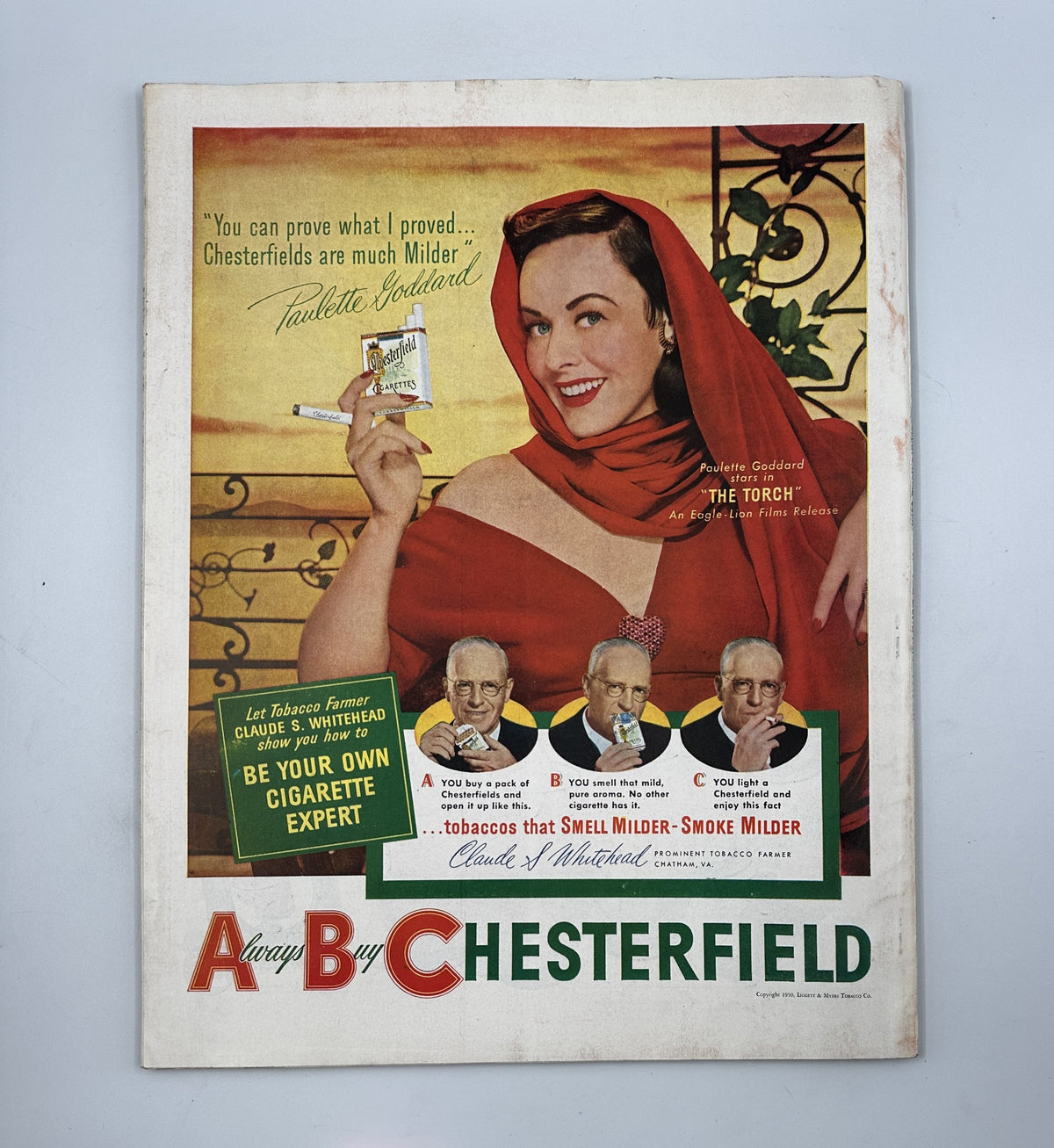 Back cover of the Woman’s Home Companion Magazine July 1950 featuring advertising for Chesterfield cigarettes with an actress promoting the brand.
