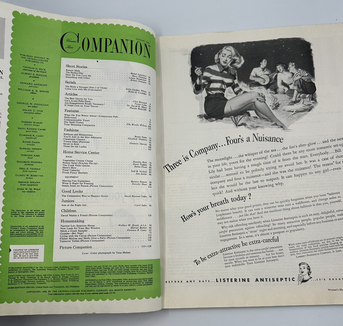 Inside spread of Woman’s Home Companion Magazine August 1950 showcasing the Table of Contents with an article titled 'There is Company...Four's a Nuisance'.