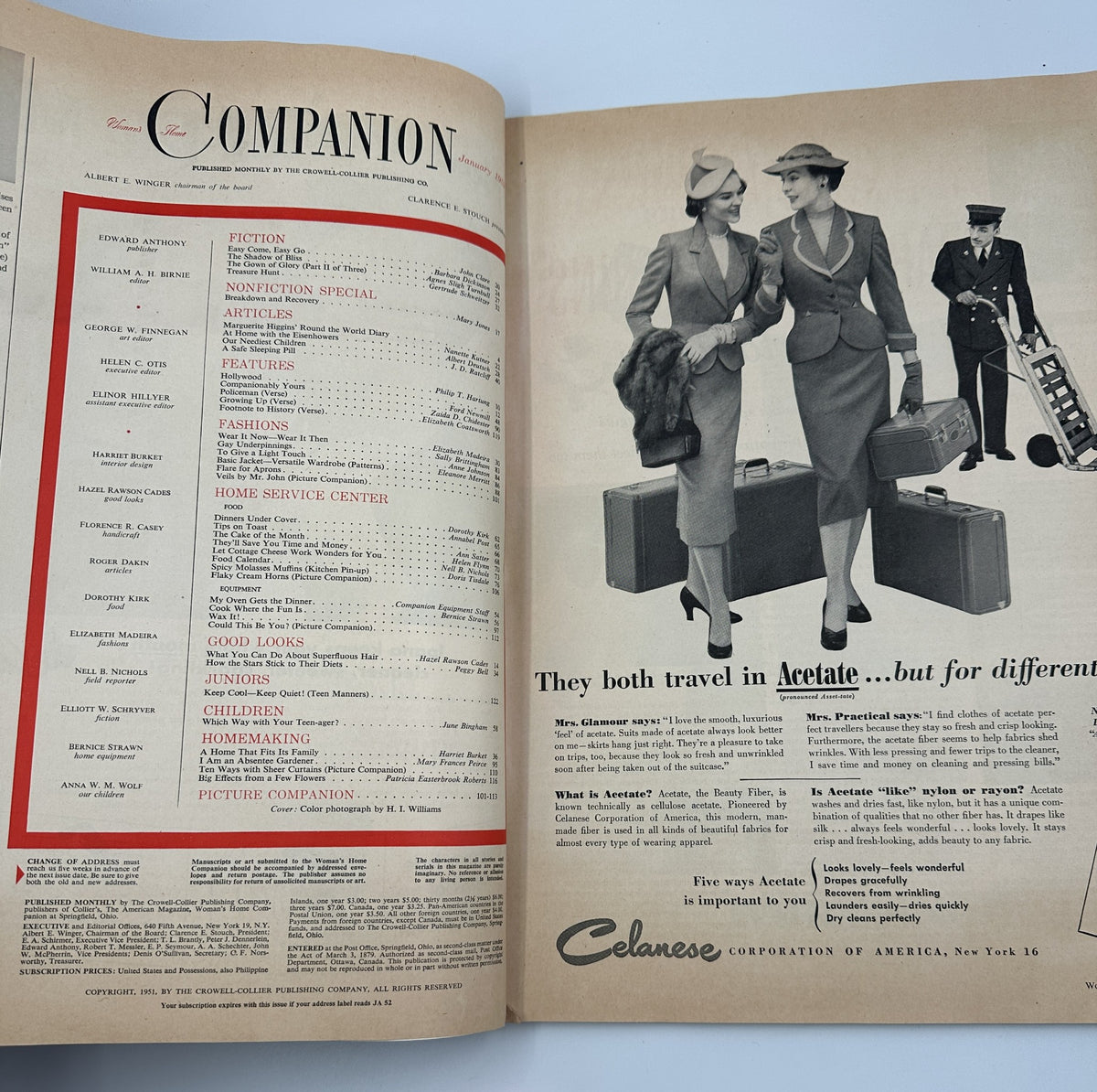 Inside page of Woman’s Home Companion Magazine, January 1952, featuring articles and a color photograph of stylish women in travel attire with a travel theme, including a table of contents.