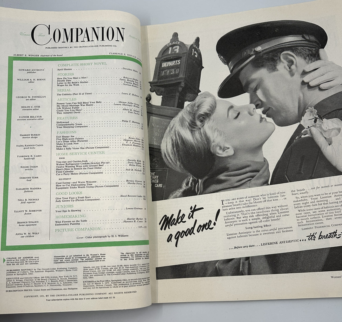 Interior page of Woman’s Home Companion Magazine August 1951 showing a romantic scene with vintage clothing, announcing a complete short novel and the home service center features.