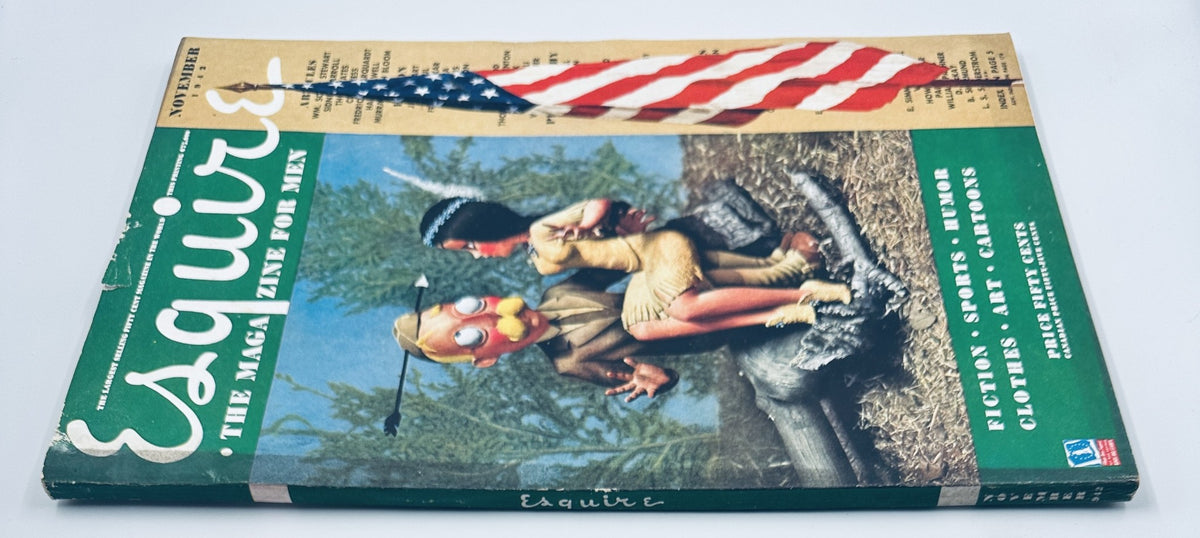 Esquire Magazine November 1942 showcasing the cover with an artistic depiction and a retro aesthetic, along with an American flag.