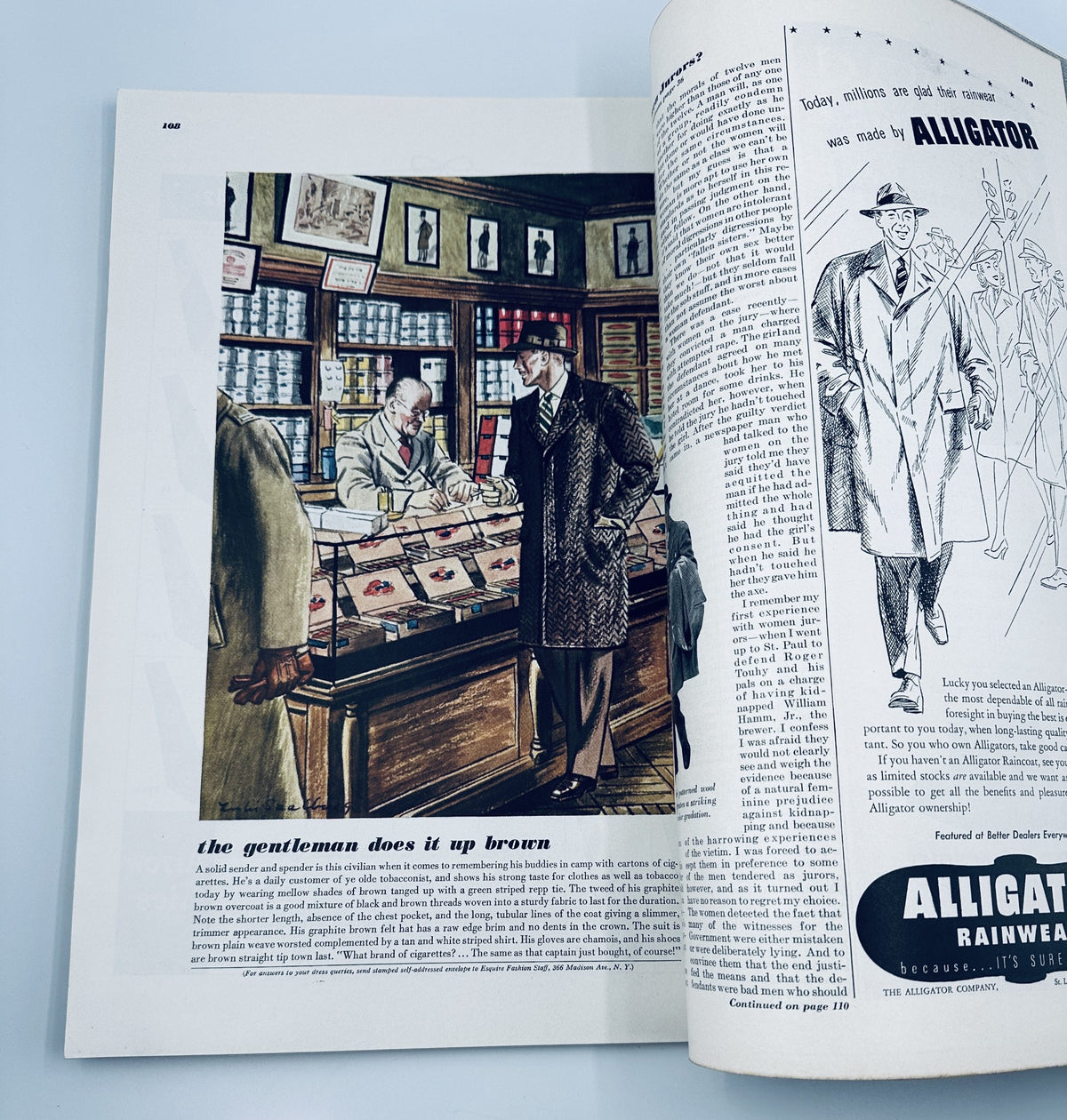 Interior view of a 1942 Esquire Magazine featuring a man shopping for records, highlighting the era's fashion and lifestyle. Featured in the November 1942 issue with Rita Hayworth as the Varga girl.