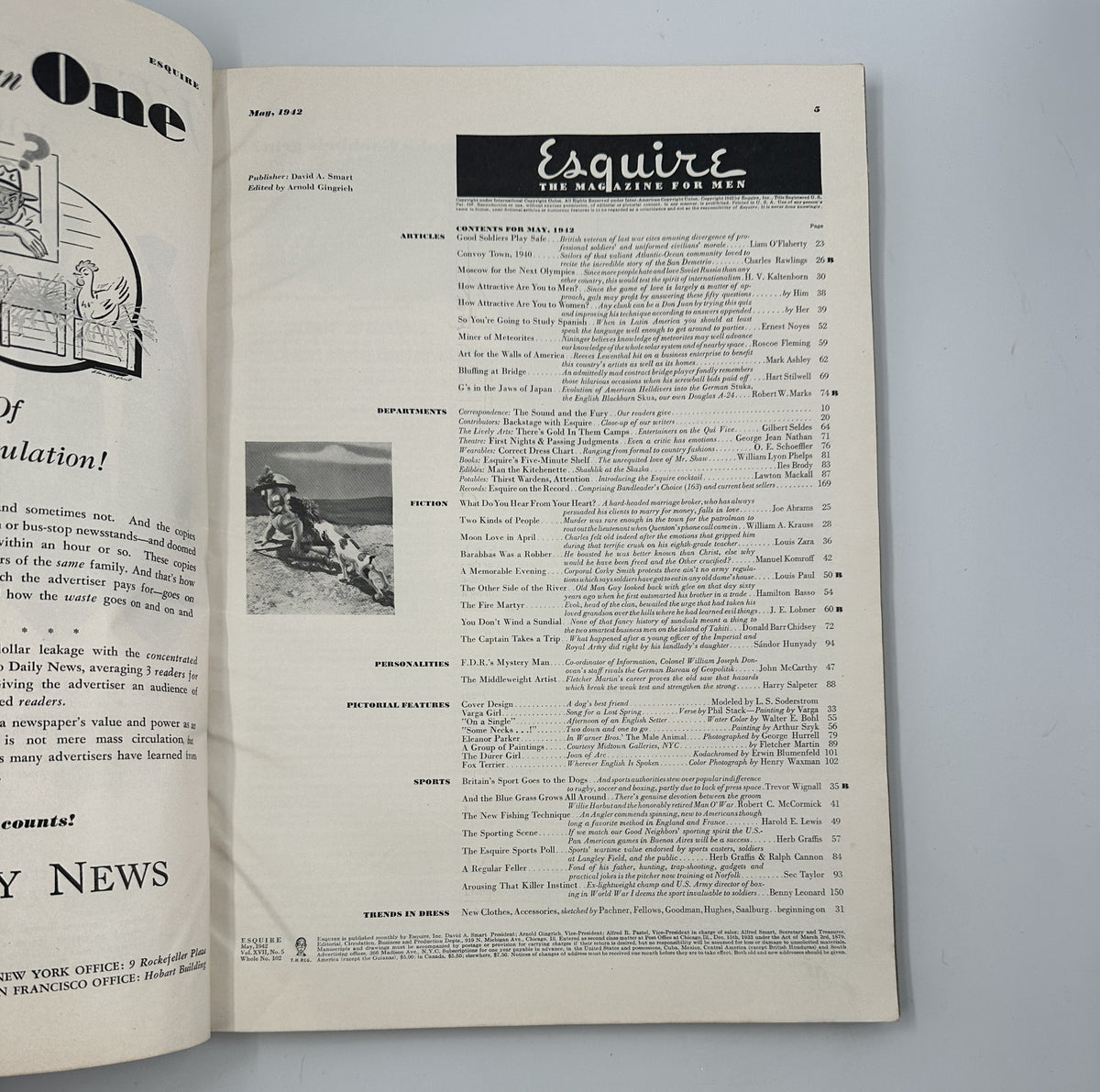 Table of contents from Esquire Magazine May 1942 featuring articles and visual elements.