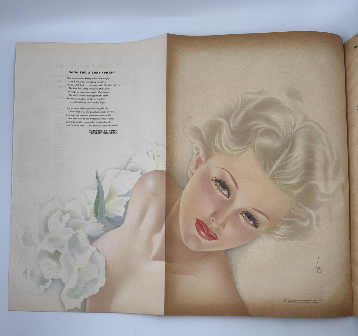 Varga pinup illustration from Esquire Magazine May 1942, depicting a glamorous woman amid floral elements.