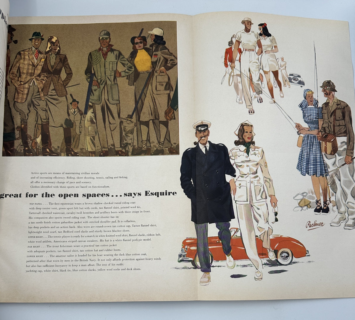 Fashion illustration featured in Esquire Magazine May 1942, showcasing outdoor attire and accessories.
